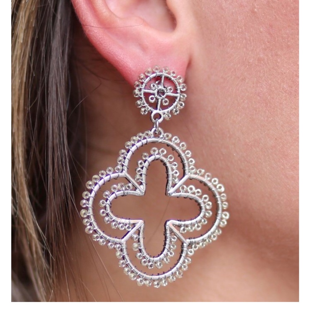 Pash Post Drop Beaded Quarterfoil Earring-Silver